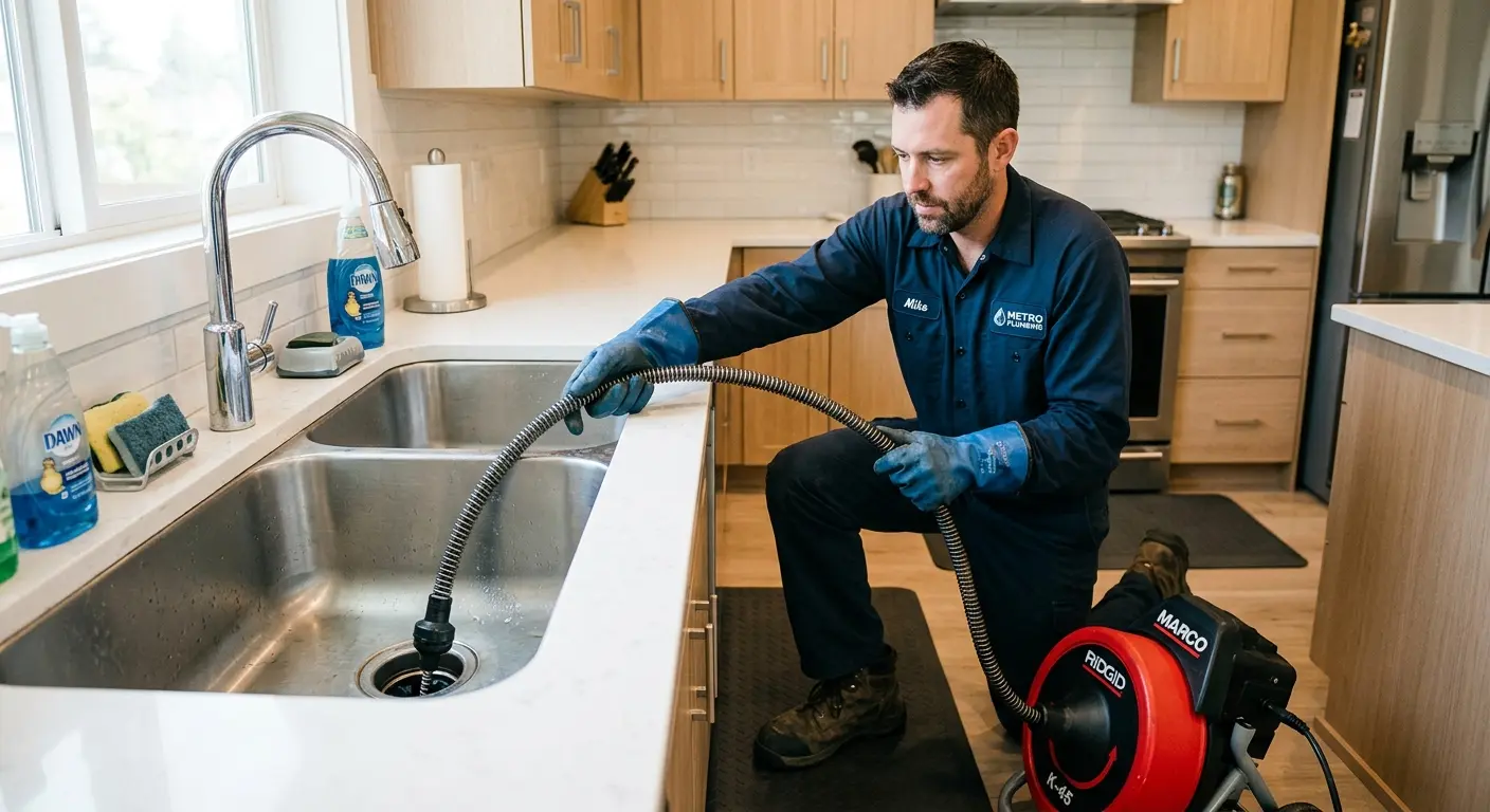 Drain cleaning technician using a motorized snake on a kitchen sink in Ilion