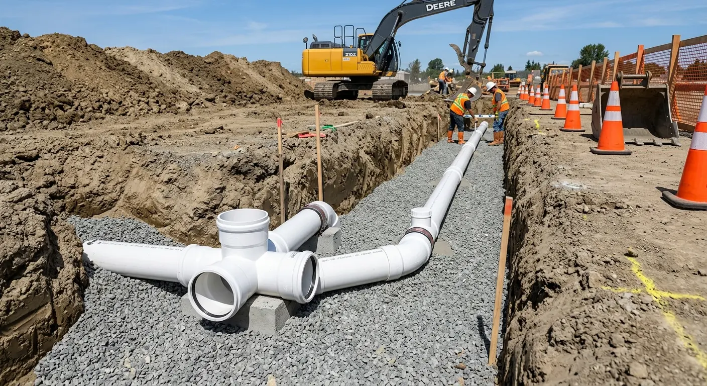 New PVC sewer pipe installation in open trench for Sewer Backup in Ilion