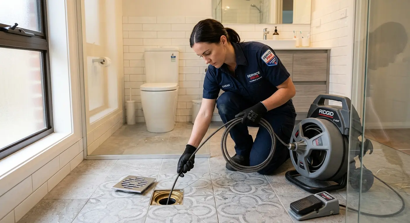 Technician clearing a bathroom floor drain for Drain Cleaning in Ilion